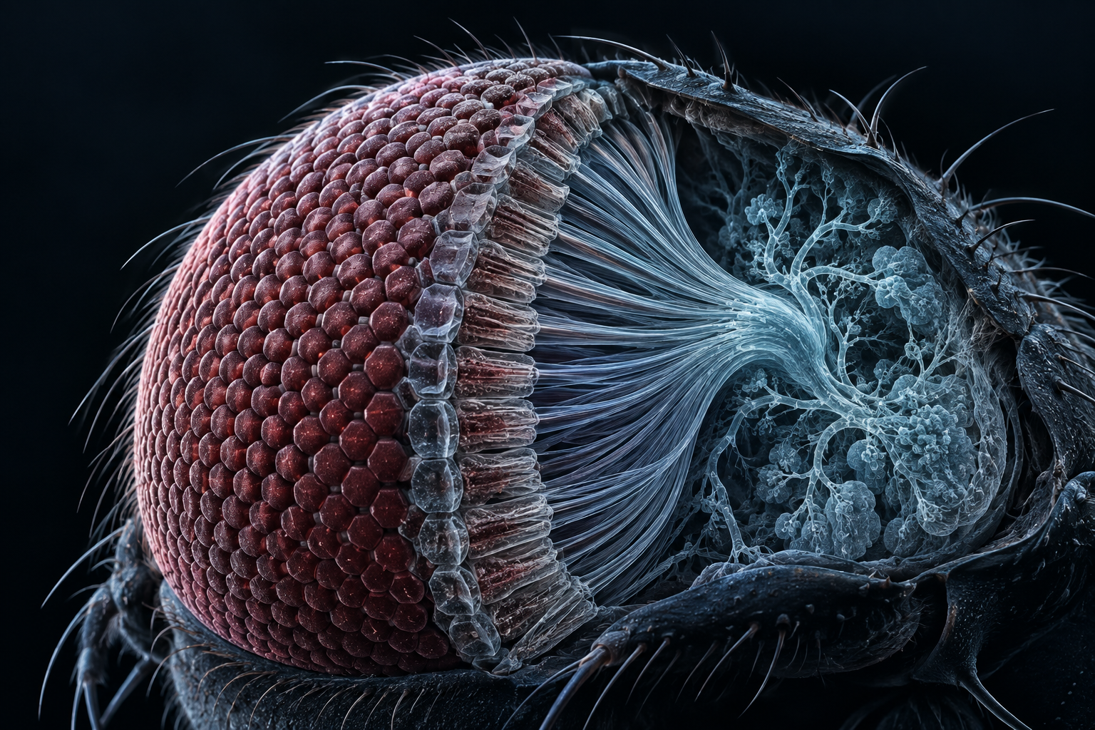 Concept artwork of a fruit fly compound eye, with rose-colored facets opening into translucent blue sensory fibers.